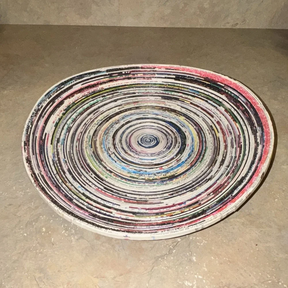 Handmade Coiled Recycled Paper Magazine Basket Bowl Round 10-1/2